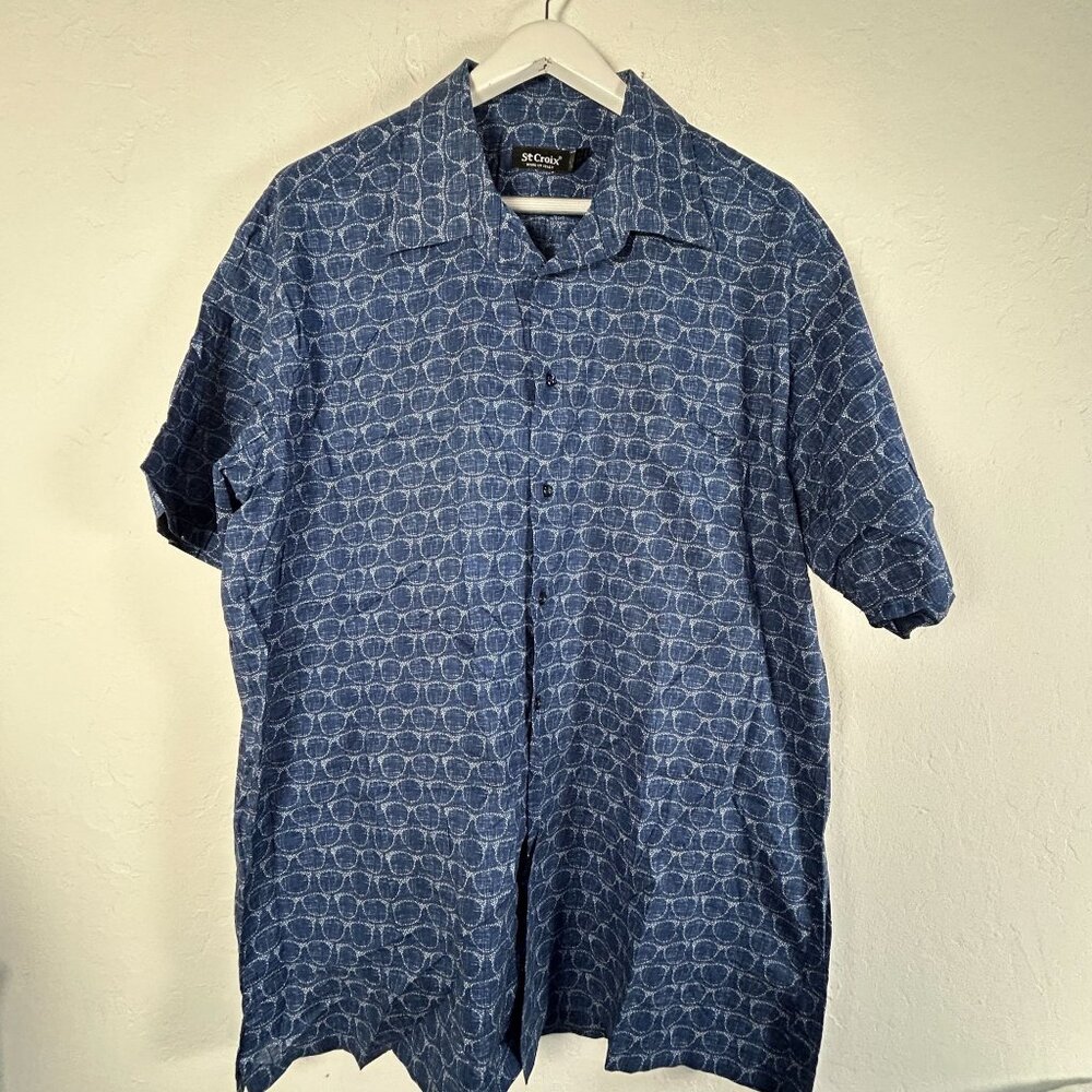 St Croix Men XXL Short Sleeve Button-Up Shirt Blue Sunglasses Print Cotton Italy